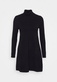 Abito lungo nero a maniche lunghe con scollo a dolce vita, caratterizzato da una silhouette leggermente svasata, realizzato in un tessuto morbido. Texture liscia e senza motivi o accenti visibili.