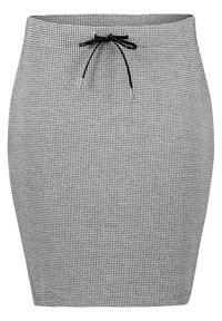 Spódnica w czarno-białą kratę houndstooth o dopasowanym kroju. Posiada elastyczny pasek ze sznurkiem w czarnym kolorze oraz gładką teksturę.