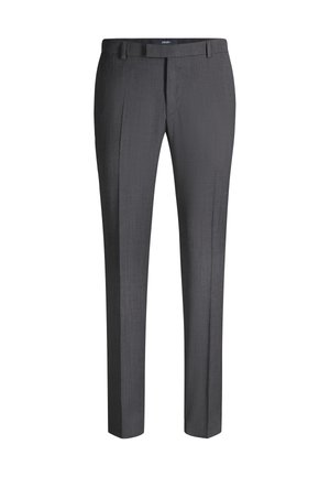 Dunkelgraue, schmal geschnittene Herrenhose mit Gürtelschlaufen, Bügelfalte vorne und verdecktem Reißverschluss, flach auf weißem Hintergrund dargestellt.