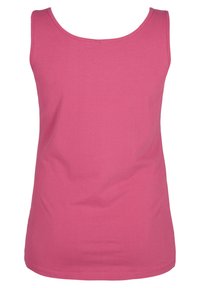 Pehmeast puuvillast valmistatud roosa korsetita tank top, millel on ümmargune kaelus ja nähtamatud õmblused, sile tekstuur ja ilma varrukateta disain.