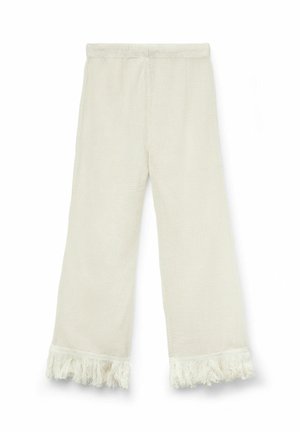 Brede gebreide broek in roomkleur met elastische tailleband en franjes langs de zoom.