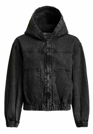Jachetă neagră din denim cu glugă, fermoar frontal, două buzunare mari frontale, manșete elastice și talie elastică.