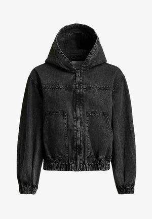 Jachetă neagră din denim cu glugă, fermoar frontal, două buzunare mari frontale, manșete elastice și talie elastică.