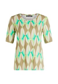 Short-sleeve top in beige featuring a geometric pattern of green and turquoise shapes, with a round neckline and smooth fabric texture.