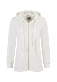 Biała bluza z zamkiem błyskawicznym, z kapturem ze sznurkiem, długimi rękawami i teksturowanym materiałem. Posiada małe logo na dole.