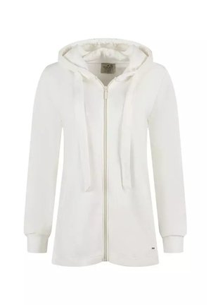 Biała bluza z zamkiem błyskawicznym, z kapturem ze sznurkiem, długimi rękawami i teksturowanym materiałem. Posiada małe logo na dole.