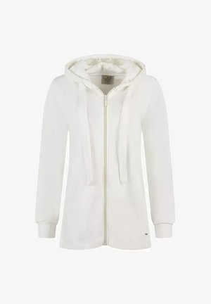 Biała bluza z zamkiem błyskawicznym, z kapturem ze sznurkiem, długimi rękawami i teksturowanym materiałem. Posiada małe logo na dole.