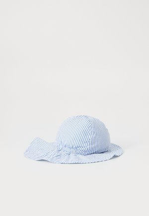 Striped sun hat in light blue and white, featuring a round crown and wide, floppy brim. Made from lightweight fabric with a soft texture.