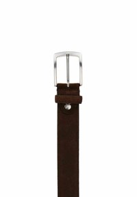 Brown suede belt with a silver metal rectangular buckle and snap closure. Features a smooth texture and minimalist design.