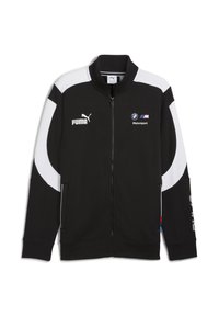 Sort zip-up jakke med hvide detaljer, der har Puma og BMW Motorsport logoer på forsiden og ærmet. Stilfuldt og sporty design.