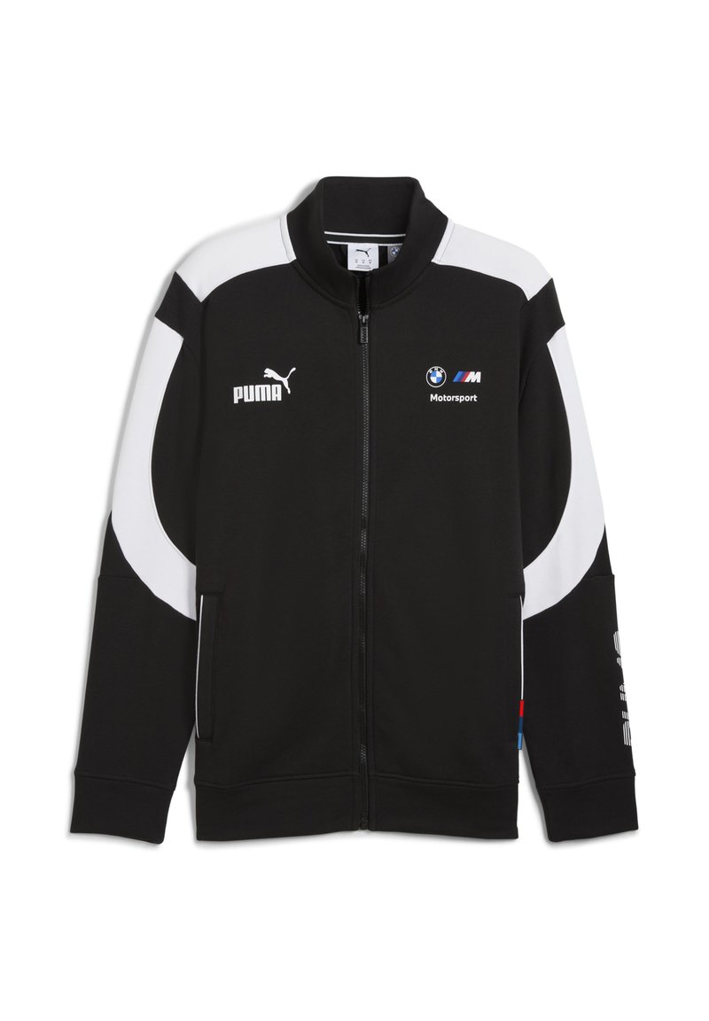 Sort zip-up jakke med hvide detaljer, der har Puma og BMW Motorsport logoer på forsiden og ærmet. Stilfuldt og sporty design.