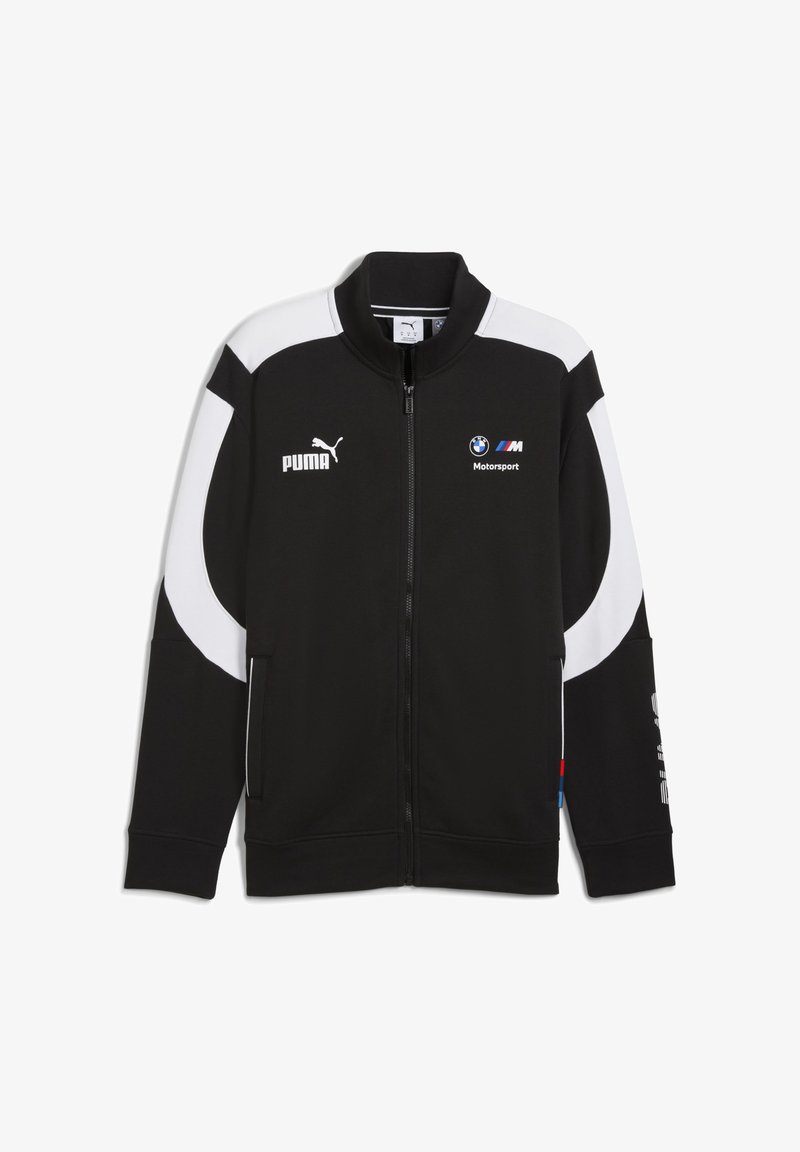 Črna zadrževalna jakna z belimi detajli, ki ima na sprednji strani in rokavu logotipe Puma in BMW Motorsport. Slogovna in športna zasnova.