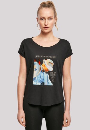 Schwarzes T-Shirt mit umgeschlagenen kurzen Ärmeln, das einen Grafikdruck von David Bowie zeigt. Das Shirt hat eine lockere Passform und einen verlängerten hinteren Saum.