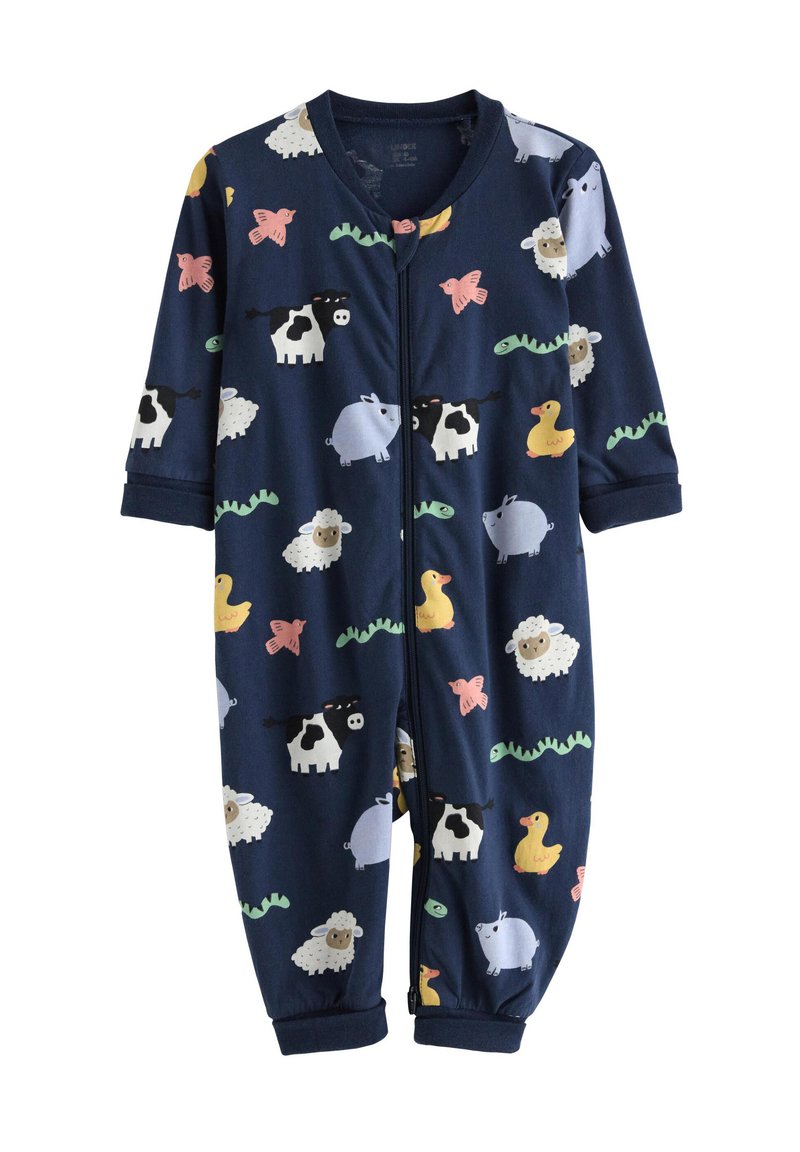 Ολόσωμη φόρμα σε ναυτικό μπλε χρώμα με σχέδιο αγροτικών ζώων, όπως αγελάδες, γουρούνια και πάπιες. Μαλακό ύφασμα με ελαστικά μανσέτες και μπροστινό φερμουάρ.