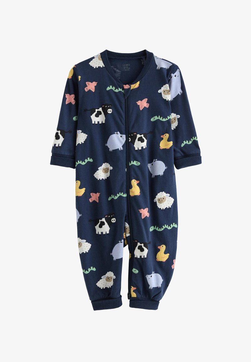 La combinaison intégrale bleu marine présente un imprimé d'animaux de la ferme, incluant des vaches, des cochons et des canards. Tissu doux avec des poignets élastiques et une fermeture éclair à l'avant.