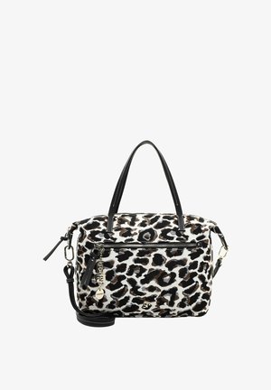 Rektangulær håndtaske med sort, brun og hvid leopardprint-stof, sorte læderhåndtag, frontlomme med lynlås og dekorative charms i guld-tone.