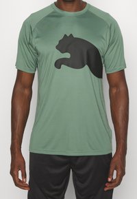 Zielona sportowa koszulka z krótkim rękawem z dużą czarną sylwetką kota na przodzie. Wykonana z lekkiego materiału o gładkiej fakturze.