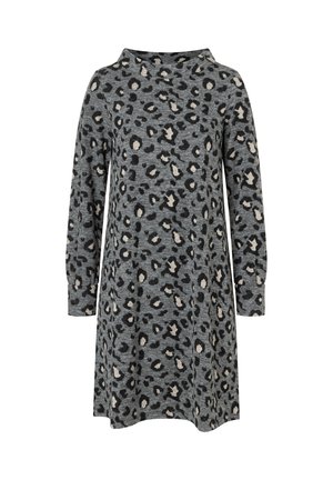 Graues Strickkleid mit langen Ärmeln und weitem Halsauschnitt, verziert mit einem schwarz-beigen Leopardenmuster. Weicher Stoff.