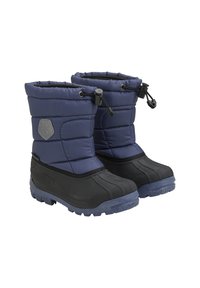 Marinblå isolerade stövlar med en vadderad nylonöverdel, gummisulor och justerbar snörning vid kanten för en säker passform.