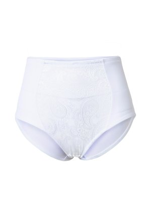 Weiße Damen-Slips mit hohem Bund, einem dezenten Paisley-Muster auf der Vorderseite, glatten Stoffseiten und elastischem Bund.
