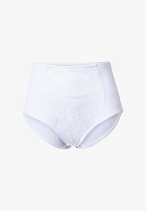 Białe damskie figi z wysokim stanem, z subtelnym wzorem paisley na przednim panelu, gładkimi bokami z tkaniny oraz elastycznym paskiem w talii.