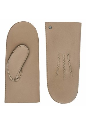 Beige Lederhandschuhe mit Daumenloch; glatte Textur, genähte Akzente auf der Handfläche und ein kleines Metallschild.