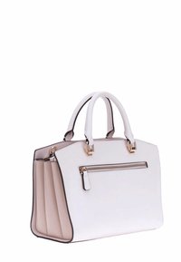 Borsa a mano in pelle bianca con design strutturato, doppi manici, accessori in oro e tasca frontale con zip. Presenta un interno beige a contrasto.