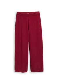 Rode wijde broek met een geribde elastische tailleband, gemaakt van zachte stof. De broek heeft een gladde textuur en geen zichtbare patronen.