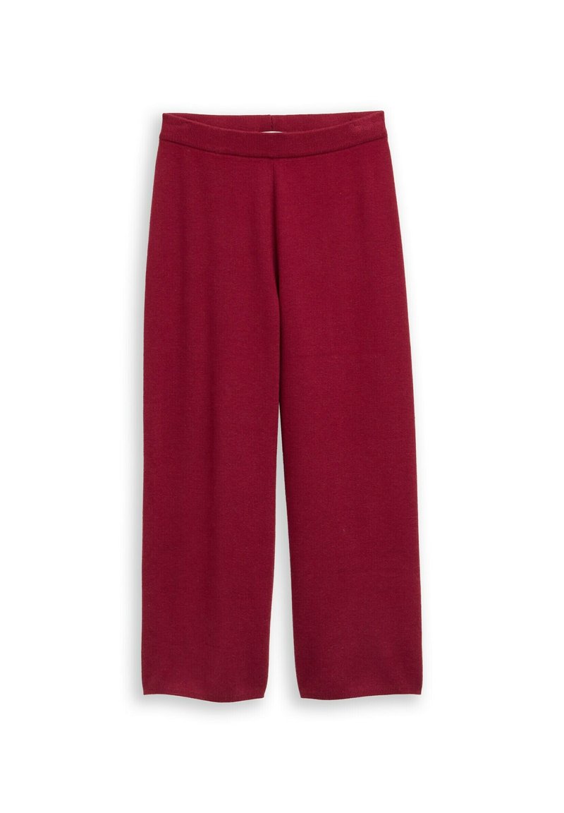 Rode wijde broek met een geribde elastische tailleband, gemaakt van zachte stof. De broek heeft een gladde textuur en geen zichtbare patronen.