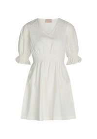 Weißes kurzes Kleid aus strukturiertem Baumwollstoff mit gerüschtem Taillenbereich, V-Ausschnitt und Puffärmeln mit elastischen Bündchen und bestickten Details.