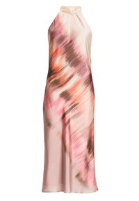 Hihaton mekko, jossa on korkea kaula-aukko, valmistettu sileästä kankaasta vaaleanbeigeinä, jossa on abstrakteja vaaleanpunaisia ja ruskeita kuvioita, virtaava muotoilu, polven pituinen.