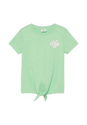 Mintgroen korte mouw t-shirt voor peuters met een knoop aan de voorkant en een klein wit hartvormig "CUTE"-tekstje aan de bovenkant links.