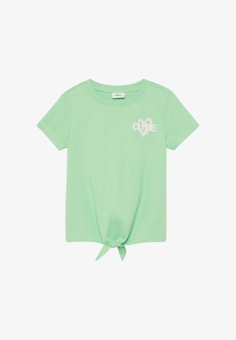 T-shirt vert menthe à manches courtes pour tout-petit avec un nœud à l'avant et un petit texte blanc en forme de cœur "CUTE" sur le côté supérieur gauche.