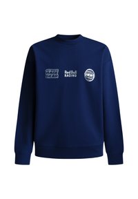 Sweatshirt bleu marine avec col rond, poignets et ourlet côtelés. Présente les logos "AUTHENTIC RACE GEAR" et "Red Bull RACING" en blanc.