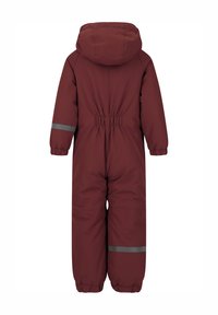 Bordeaux kinder sneeuwpak, met een capuchon, elastische taille en reflecterende grijze banden op de mouwen en benen, gemaakt van een waterafstotend materiaal.