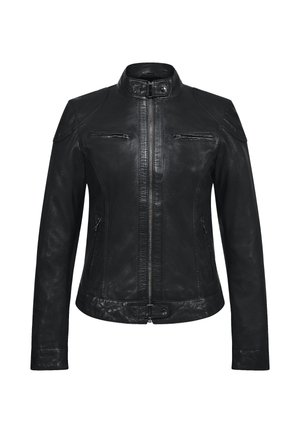 Čierna kožená bunda s vysokým golierom, zipsom vpredu, dvoma náprsníkovými vreckami a priliehavým strihom. Obsahuje jemné švy a textúrovaný povrch.