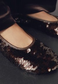 Pantofi negri, plați, acoperiți cu paiete suprapuse, având vârful rotunjit și o margine maro de-a lungul deschiderii. Suprafață texturată vizibilă.