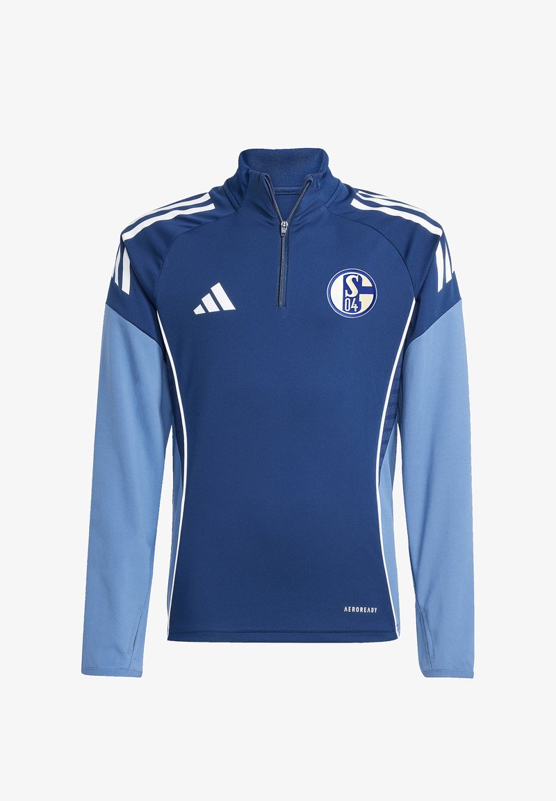 Haut de sport bleu à manches longues avec des manches bleu clair, des bandes blanches aux épaules, logo Adidas et un emblème circulaire de l'équipe sportive S04 sur la poitrine.