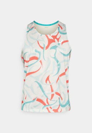 Ermeløs trenings-topp i lys kremfarge, med abstrakte blå og korallfargede sirkler. Laget av pustende stoff med rund hals.