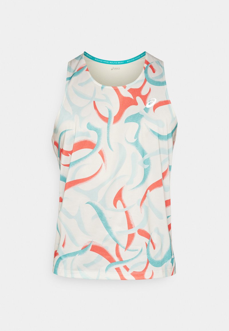 Camiseta sin mangas de entrenamiento en un color crema claro, con remolinos abstractos en azul y coral. Fabricada con un tejido transpirable y con cuello redondo.