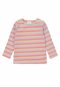 Hosszú ujjú ing bordázott anyagból, vízszintes csíkokkal rózsaszín, narancssárga, lila és krém színekben. Vállnál gomb található.