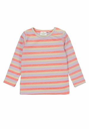 Hosszú ujjú ing bordázott anyagból, vízszintes csíkokkal rózsaszín, narancssárga, lila és krém színekben. Vállnál gomb található.