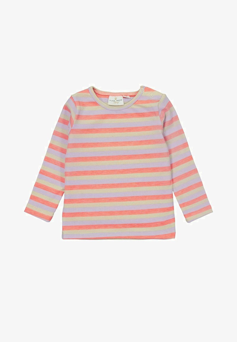 Hosszú ujjú ing bordázott anyagból, vízszintes csíkokkal rózsaszín, narancssárga, lila és krém színekben. Vállnál gomb található.