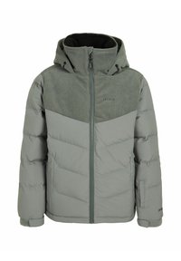 Giacca imbottita grigia, con parte superiore in velluto a coste e chiusura con zip. Include un cappuccio e polsini elasticizzati per garantire calore.