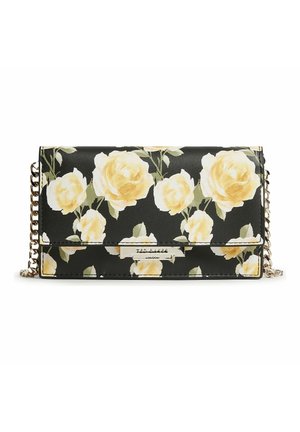 Black rectangular purse with yellow and white rose pattern and a gold chain strap.