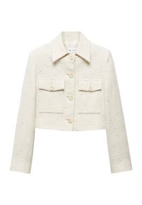 Lyhyempi valkoinen takki, joka on valmistettu tekstiilimateriaalista. Siinä on kaulus, nappikiinnitys ja kaksi etutaskua, joissa on napilla suljettavat läpät.