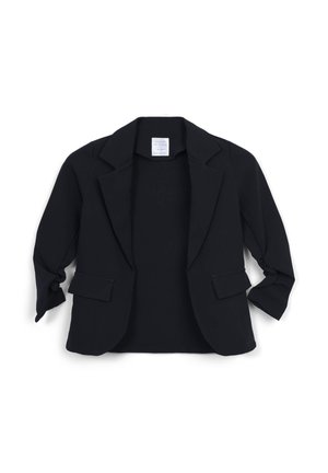 Blazer nero con rever a punta, maniche corte arrotolate e due tasche frontali. Realizzato in un tessuto liscio e elasticizzato.