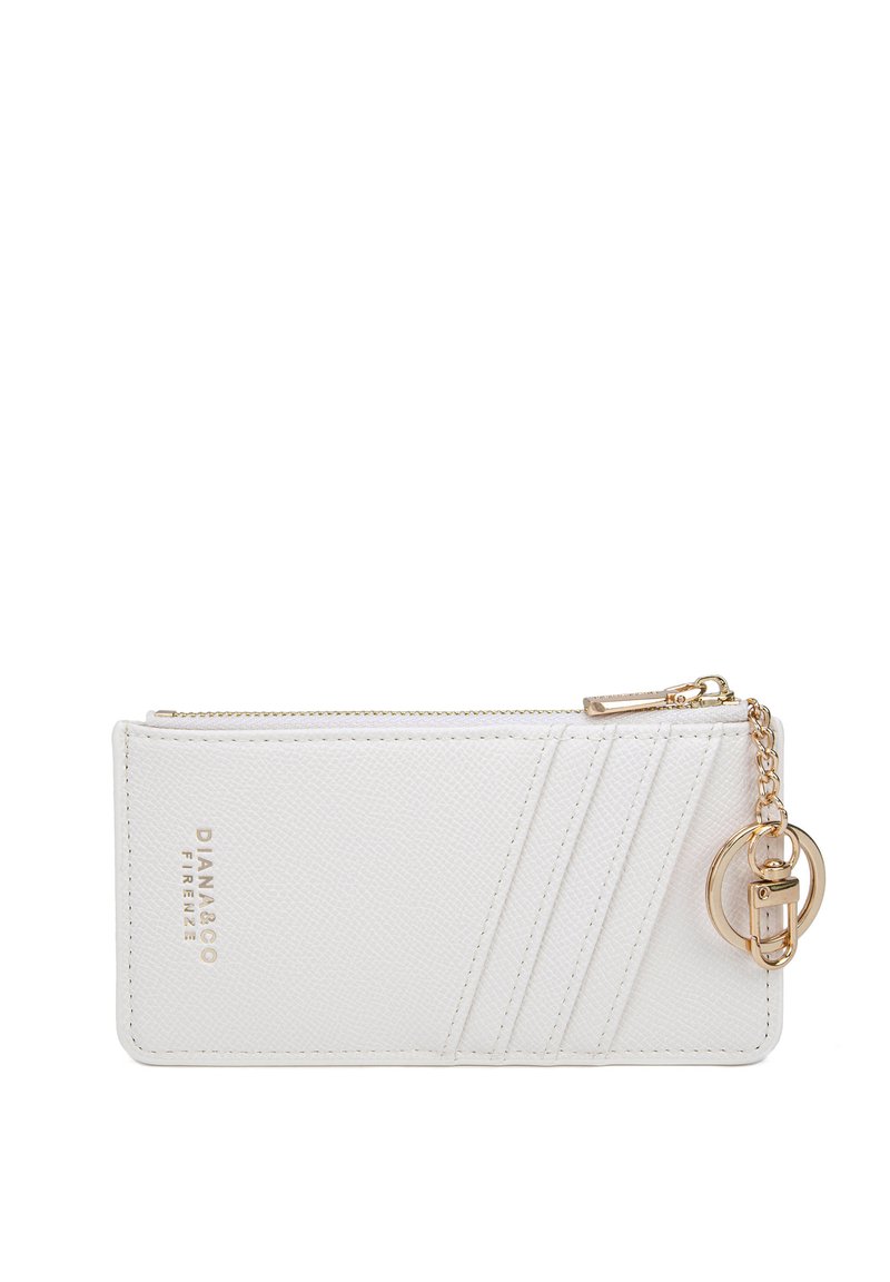 Portafoglio bianco con texture realizzato in materiale sintetico, dotato di una cerniera dorata e una catena. Gli accessori includono un portachiavi e un logo impresso. Forma rettangolare.