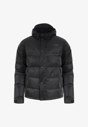 Giacca a vento nera con cappuccio, chiusura a bottoni a pressione, polsini elasticizzati e una finitura liscia e testurizzata con due tasche anteriori.