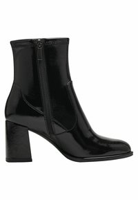 Bottine noire en cuir verni avec talon bloc et fermeture éclair latérale, texture lisse et brillante, chaussure moderne pour femmes.